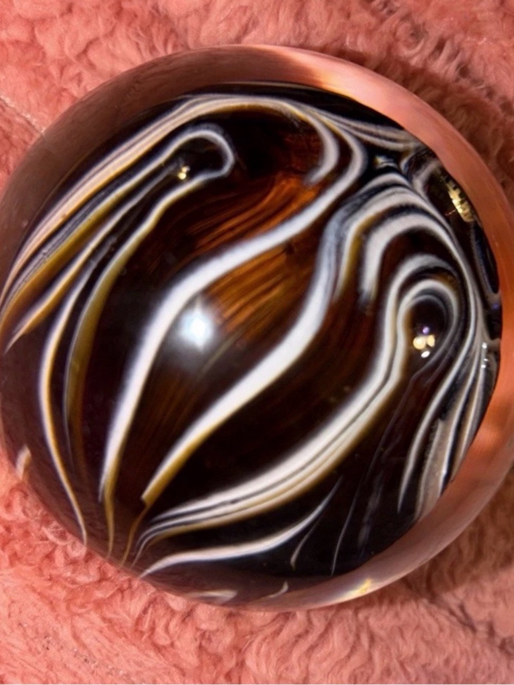 Hand-Blown Glass Paperweight in Brown and White Swirl